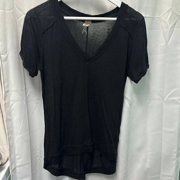 We The Free Black Semi Sheer High Low V-Neck Short Sleeve Tee - Picture 2 of 7